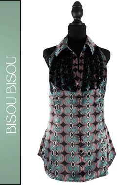 Bisou Bisou Collared Halter Button Up Babydoll Top Women's XL Y2K Peacock Print